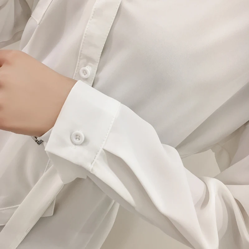 

2018 Spring Women Chiffon Blouse Shirts Fashion Long Irregular V-Neck Slim Sashes Blouses Female White Chiffon Blouse FP0371