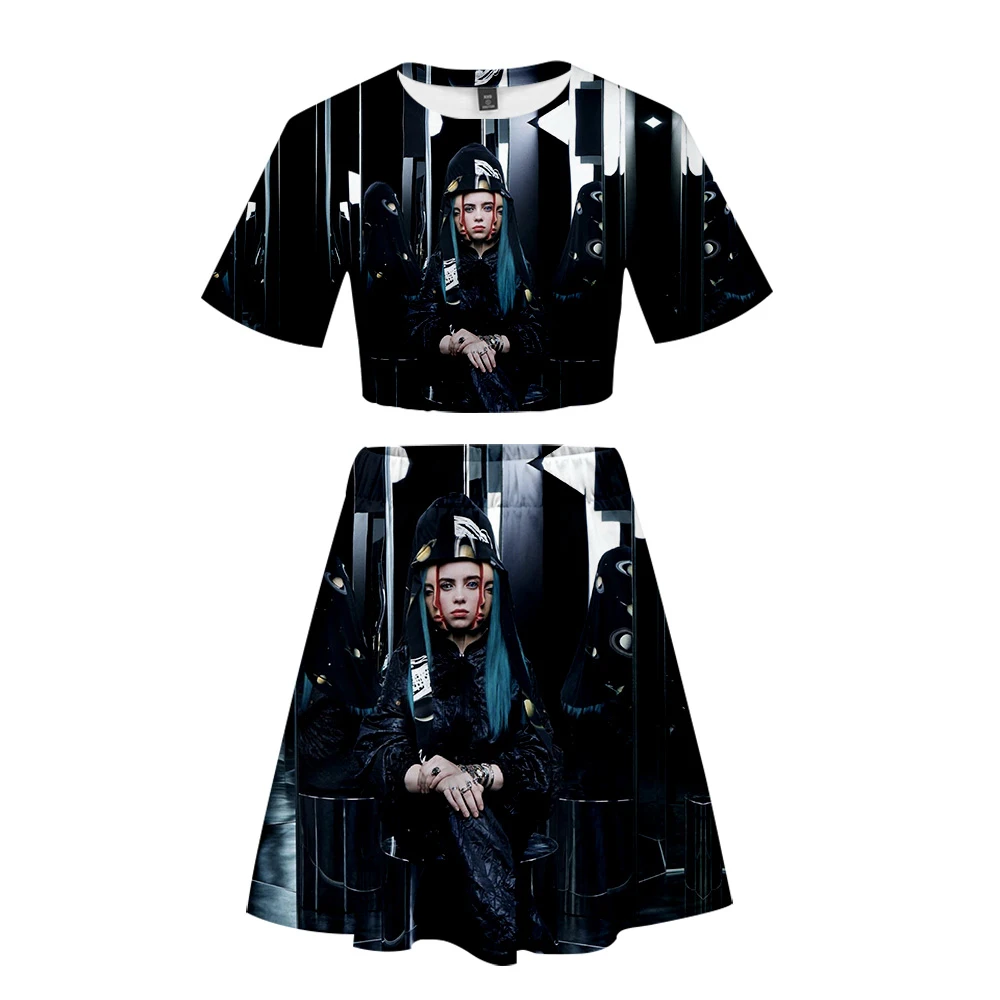 3D Billie Eilish женский укороченный топ комплект из двух предметов летнее платье Kpop