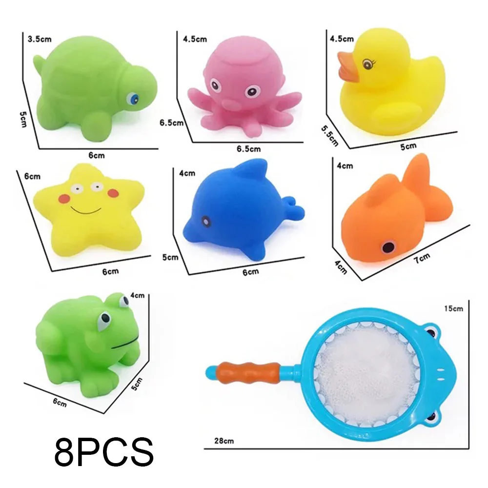 8pcs Set 8 шт. детские игрушки для ванной, рыболовные сети, резиновая игрушка для плавания, пляжный распылитель воды для ванной комнаты, детские развивающие игрушки для малышей - Цвет: 8pcs Set