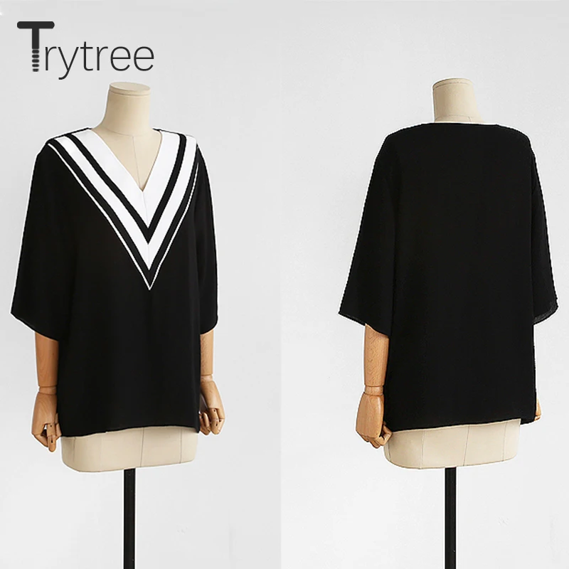 Trytree Весна Лето Топ Женская блузка повседневная полиэфирная рубашка с v образным
