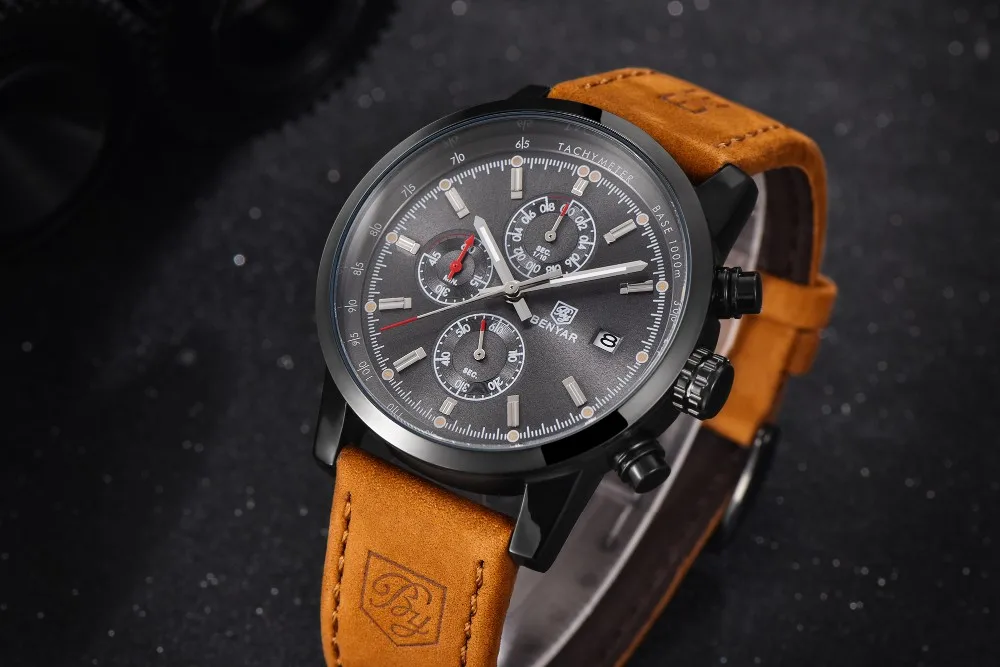 Мужские часы Reloj Hombre бренд BENYAR спортивные водонепроницаемые кварцевые часы с кожаным хронографом мужские часы Relogio Masculino BY-5102M