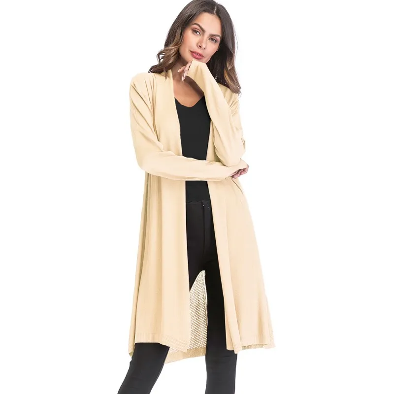 Длинный кардиган женский 2018 весна осень модный длинный рукав трико однотонный