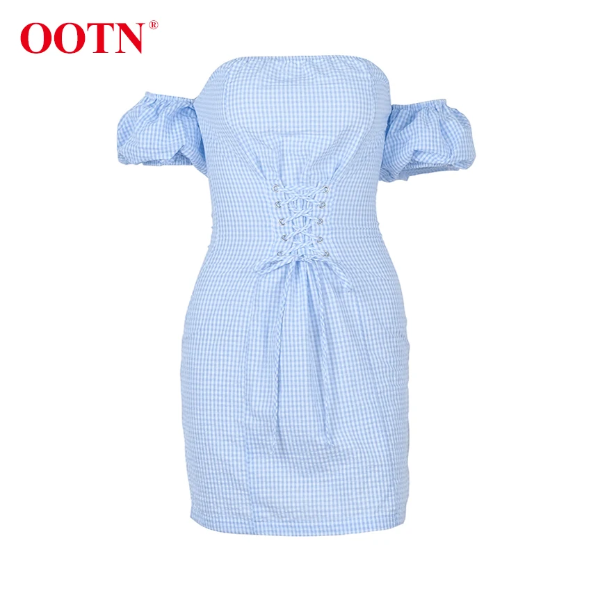 OOTN голубое белое клетчатое летнее платье с открытой спиной для женщин с высокой талией, со шнуровкой, с открытыми плечами, облегающее платье, сексуальный пляжный короткий сарафан для женщин
