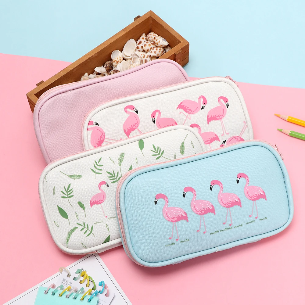 Чехол для карандашей из искусственной кожи с Фламинго Kawaii, школьная сумка для карандашей, многофункциональная вместительная коробка для ручек, школьные принадлежности, канцелярские принадлежности для детей