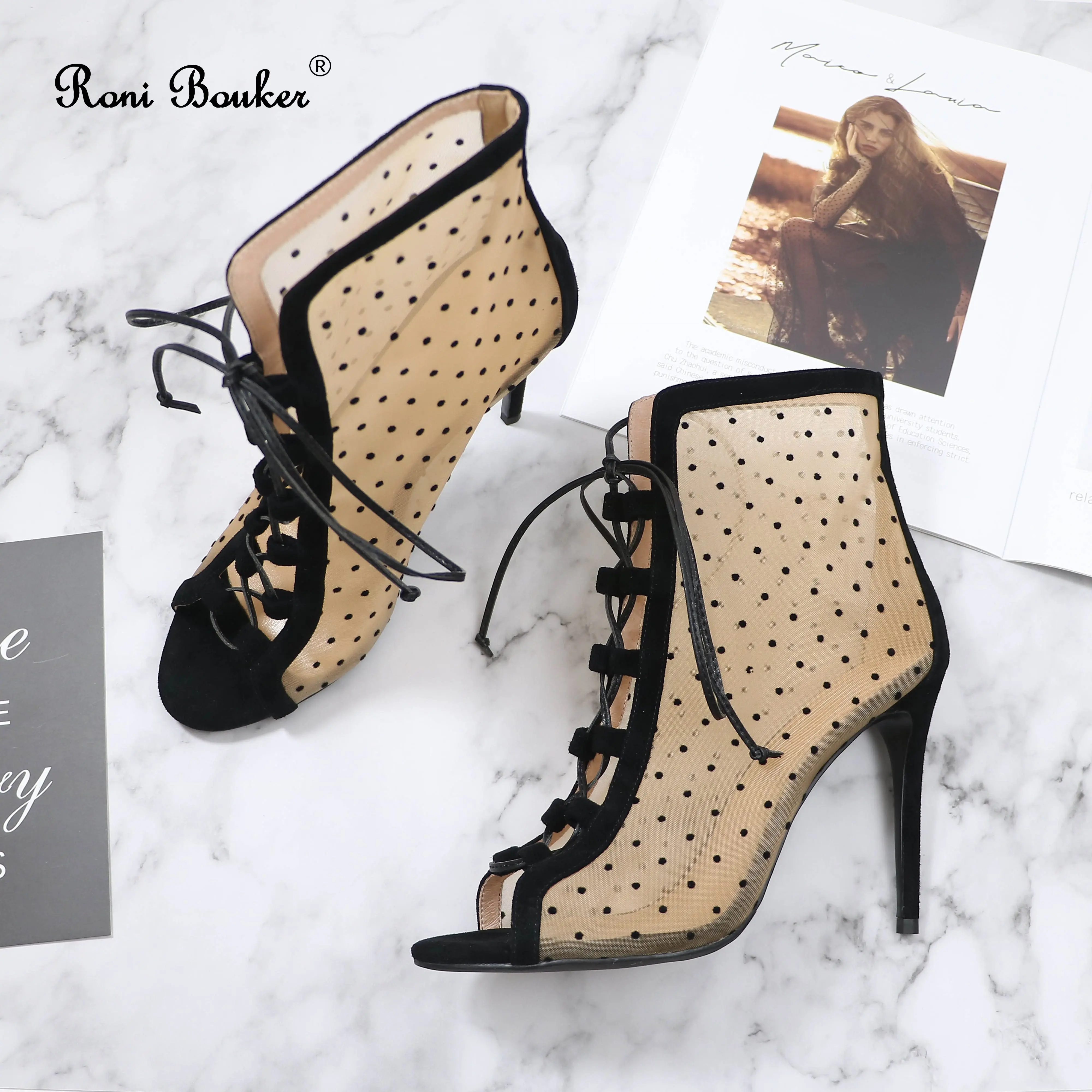 Beli Roni Bouker Lady Fashion Desain Sepatu Wanita Hitam Polka Dot Musim Panas Sepatu Bot Wanita Lace-UP Sepatu Hak Tinggi Peep Toe Sepatu Semata Kaki
