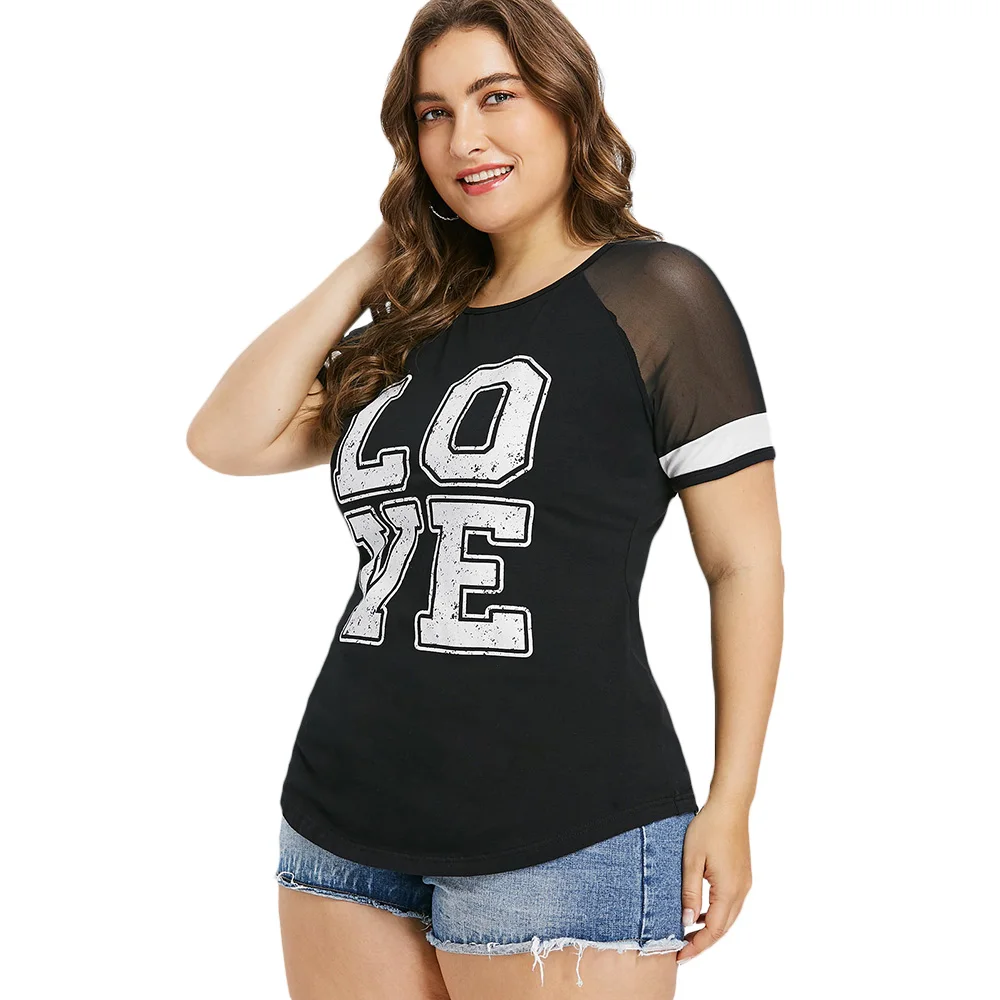 Плюс Размер Цвет Блок Любовь Футболка Лето Дамы Топы О Образным Вырезом С