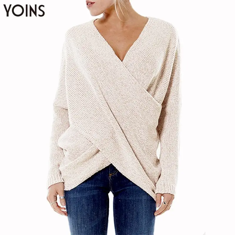YOINS 2019 осень зима Женский свитер с v-образным вырезом и длинным рукавом Подол