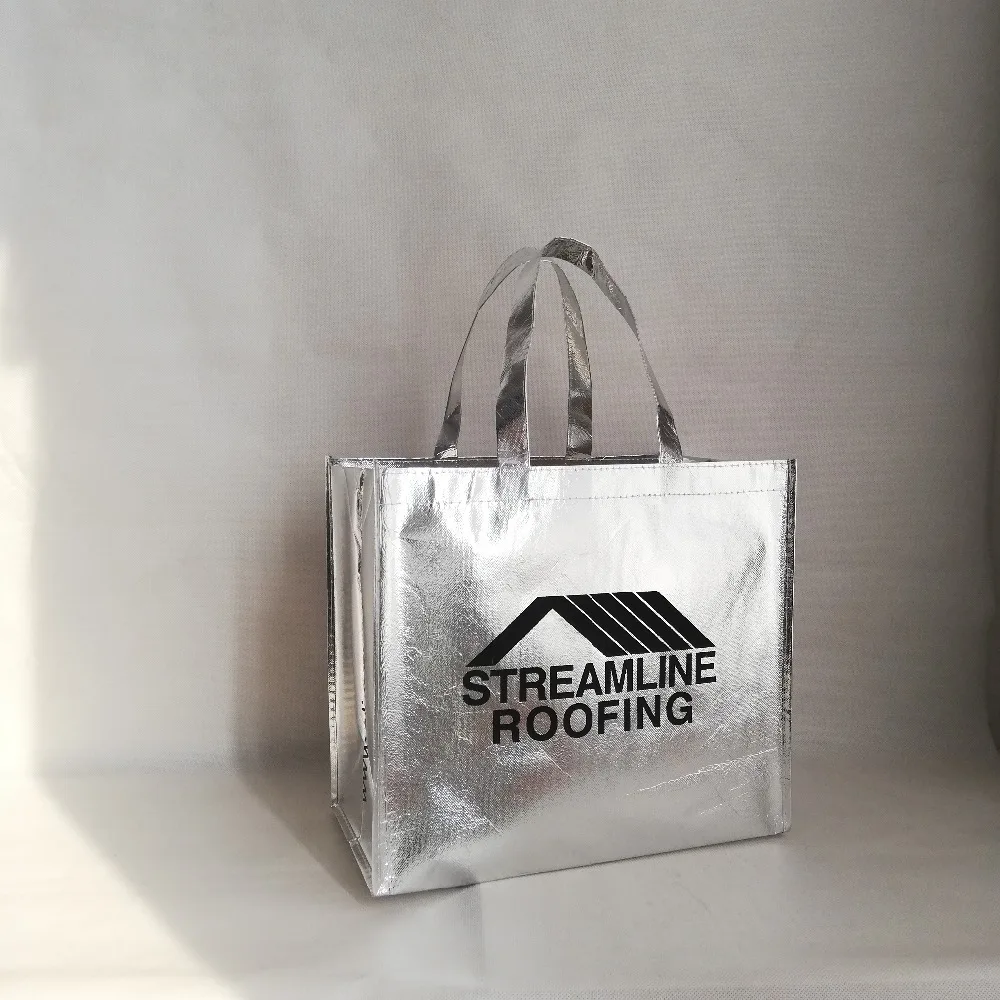 500 шт/лот персонализированные размер 32Hx36x20cm многоразовые пользовательские блестящие металлические сумки для покупок лазерные ламинированные рекламный логотип сумки