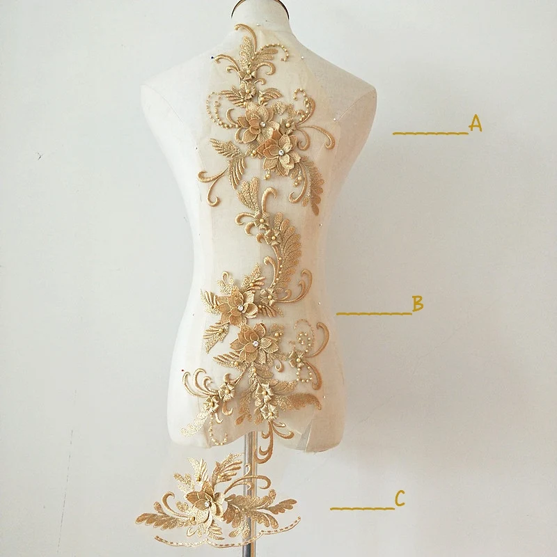 3 шт. Золото Шампанское 3d бисера florals кружево Аппликация, тяжелый вышитый орнамент лиф, разноцветный Тюль патч