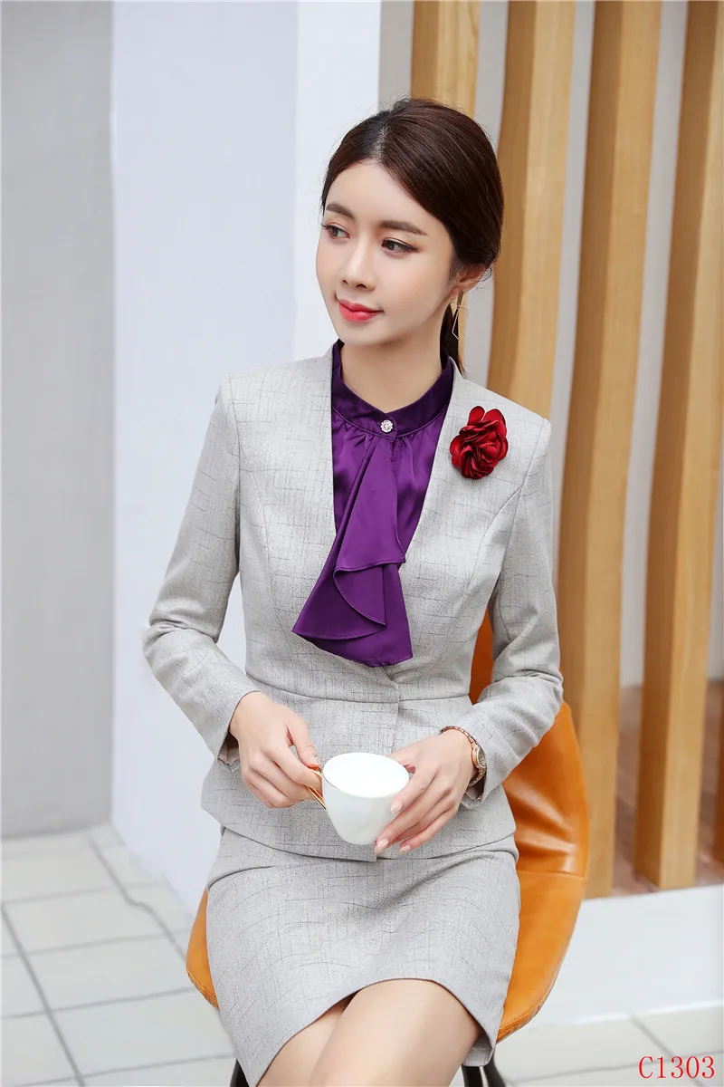 Модный женский серый Блейзер женские деловые костюмы с юбкой и курткой рабочая