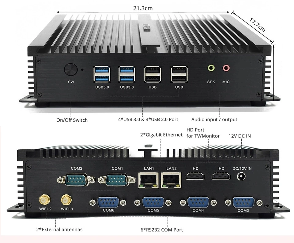 Безвентиляторный мини ПК Core i7 5500U I7 4200U i5 Windows Linux Dual LAN NICS 6 * RS232 сервер 2955U