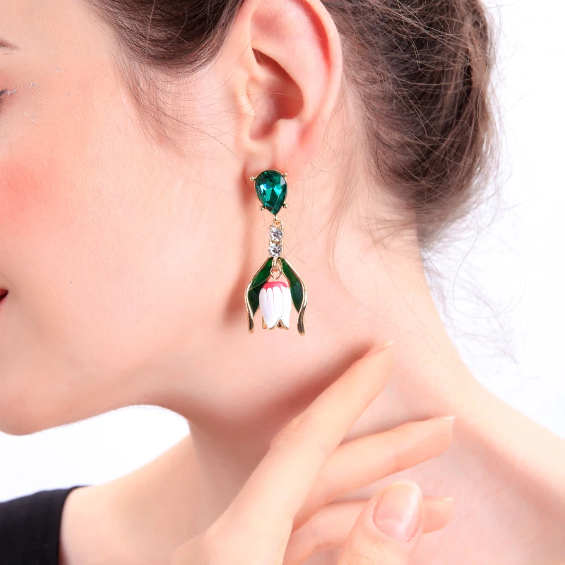 Высокие Стеклянные висячие серьги с бутонами тюльпанов Роскошные зеленые