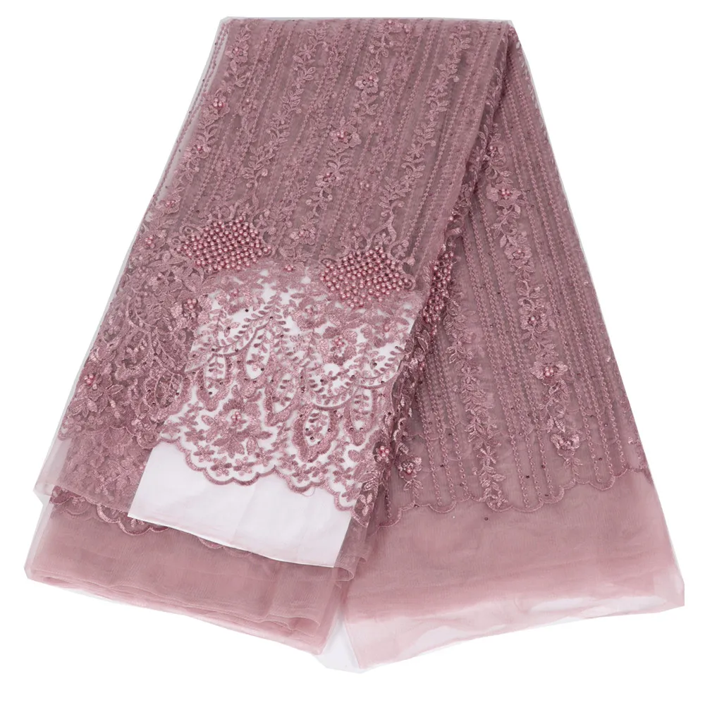 Сиреневого кружевного полотна с бусинами Высокое качество Африканский тюль
