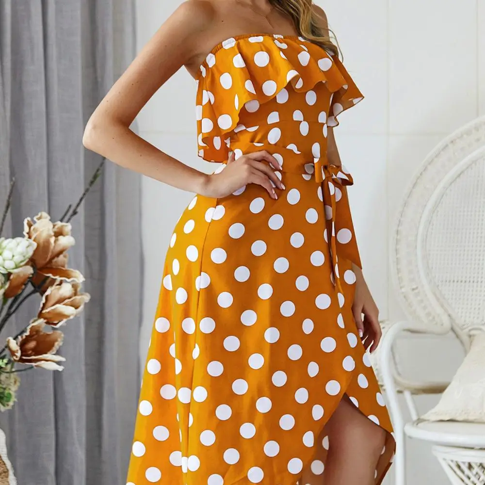 Новое Женское Платье макси с открытыми плечами и принтом в горошек летнее