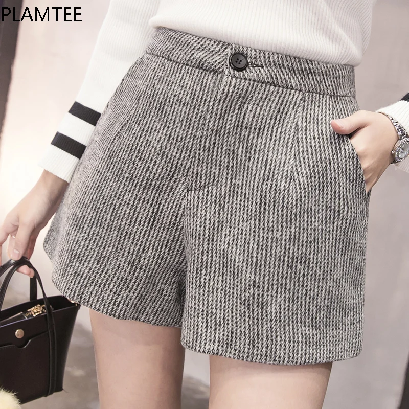 PLAMTEE новые осенние шерстяные шорты женские 2017 зимние свободные широкие брюки