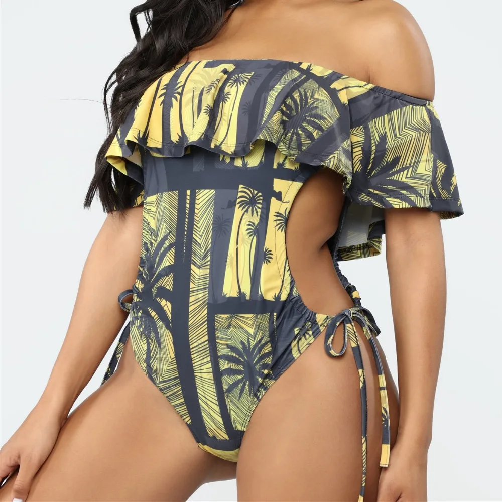 

Women One Piece Sexy Off Shoulder Ruched Flounce Monokini Bandage Swimsuits Plunging High Cut Beach Wear Backless Swimwear