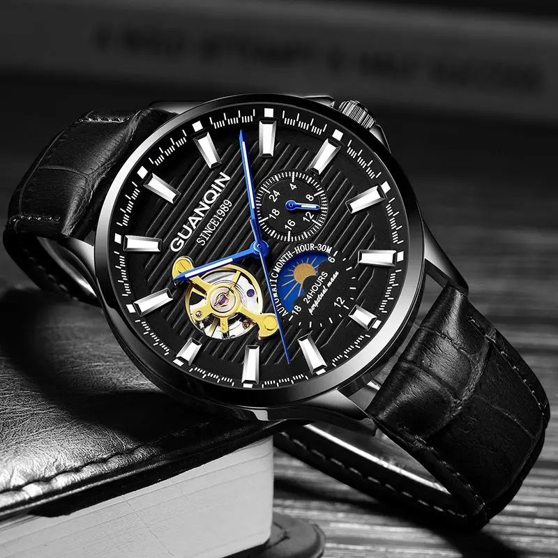 GUANQIN 2019 New Watch men Automatic Mechanical clock Luminous waterproof leather rose gold skeleton business Men Wrist watches | Наручные