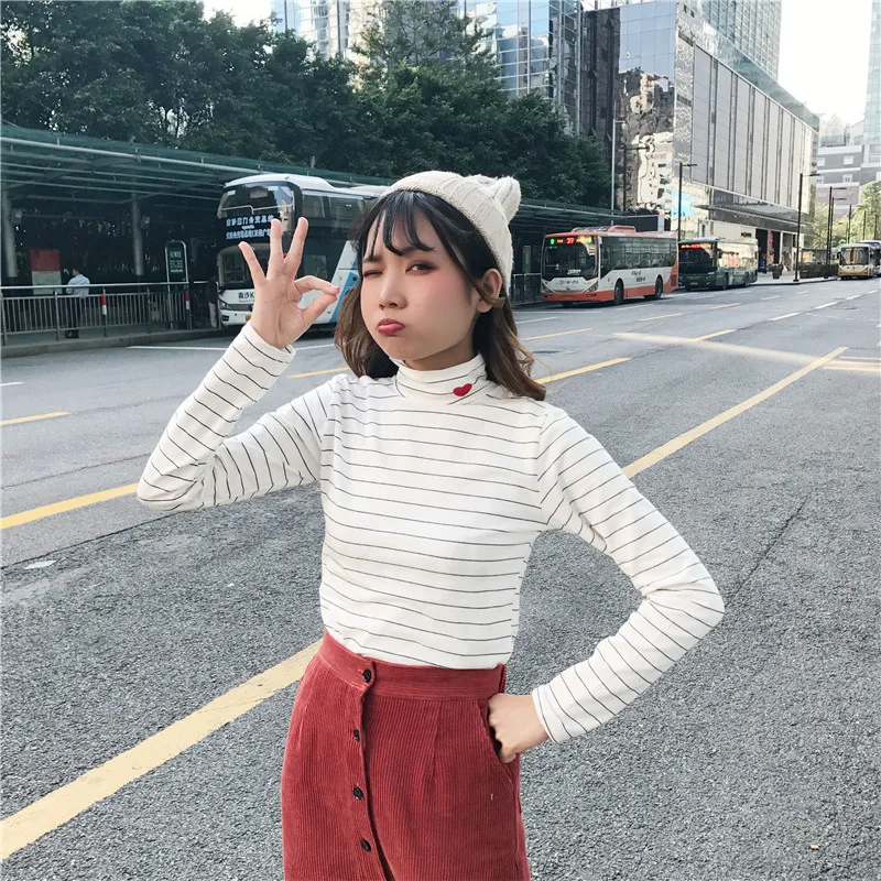 Женская футболка с вышивкой Harajuku Kawaii топ в полоску Футболка эластичная длинным