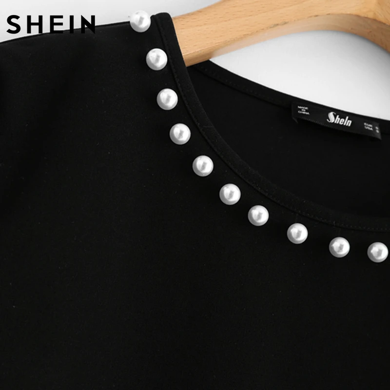 SHEIN Модные топы с контрастной отделкой и жемчужинами, Осенний Топ черного и белого цветов, Элегантная футболка с длинным рукавом