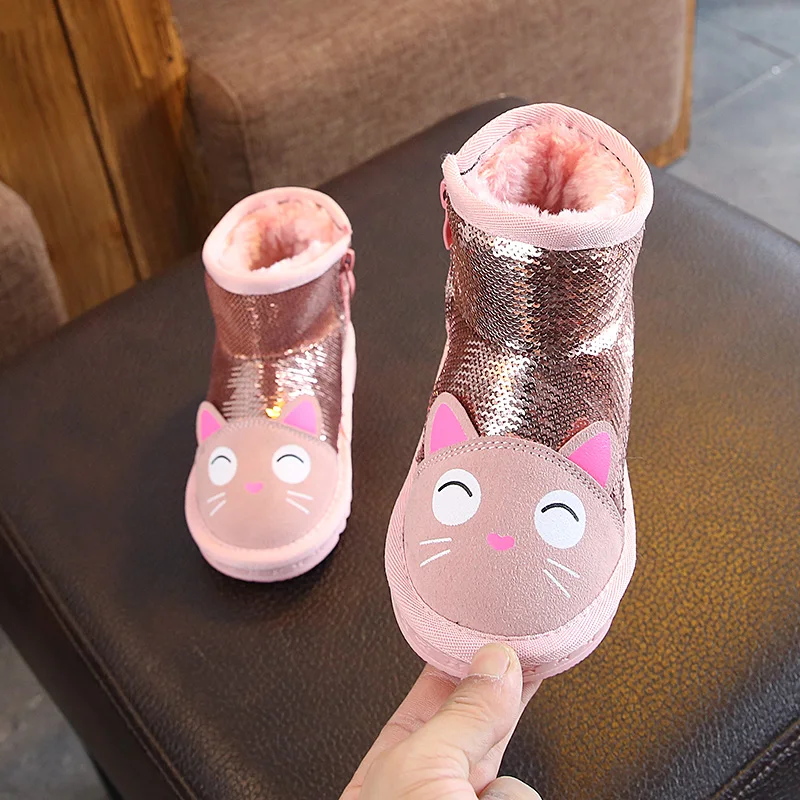 Зимняя обувь для девочек с милым рисунком кота и блестками плюшевые ботинки до 3
