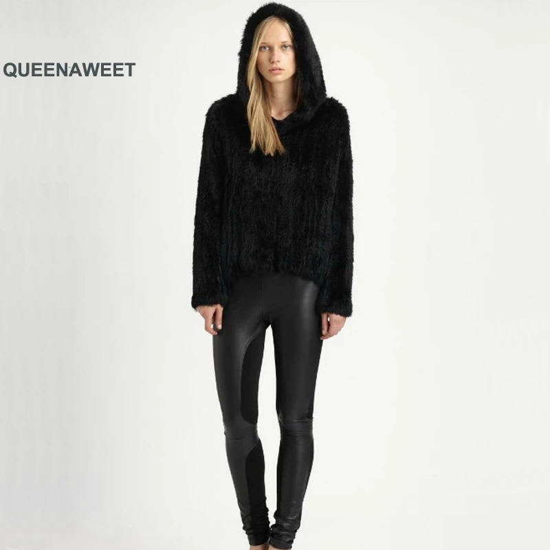 

Real Fur Knitted Rabbit Fur Coat With Hood Fur Jacket Winter Overcoat Women Jacket Top Quality