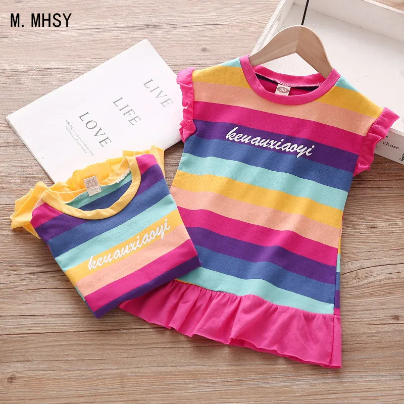 MMHSY Summer Short Sleeve Girls Cartoon Striped Dress Baby Clothes Cute Kids Dresses Princess Tops Clot | Детская одежда и обувь