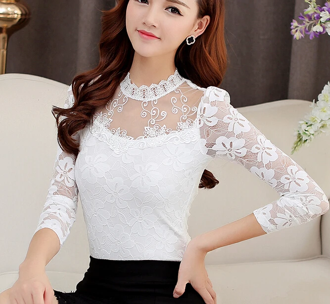 2019 размера плюс Осенние женские пикантные открытые кружевная блузка с длинным