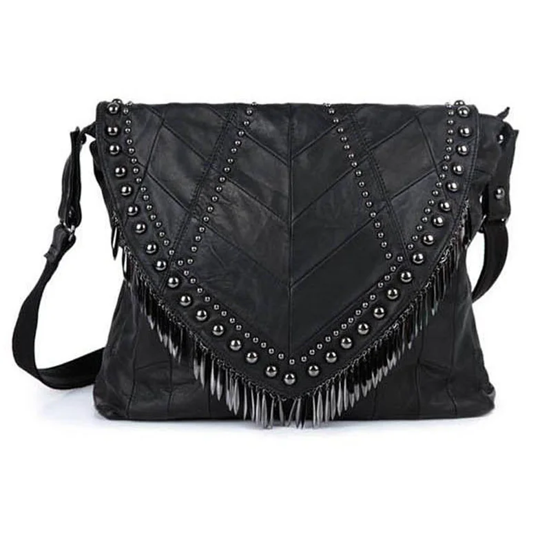Real leather black Универсальные женские сумки из натуральной кожи, дизайнерские женские сумки на плечо с кисточками, сумка с заклепками, женская сумка через плечо, заклепки для девушек - Цвет: Real leather black