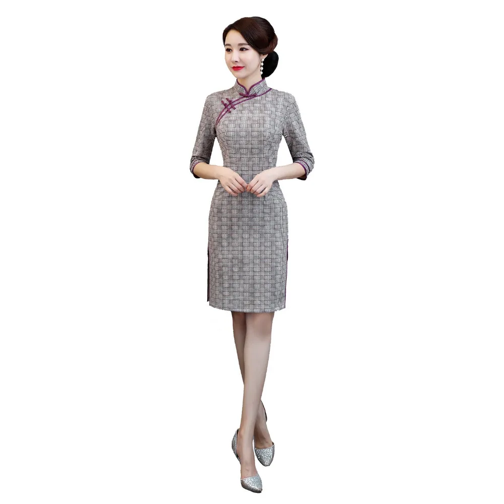 Женское Замшевое платье Qipao зимнее клетчатое до колена с рукавом 3/4|Чонсамы| |