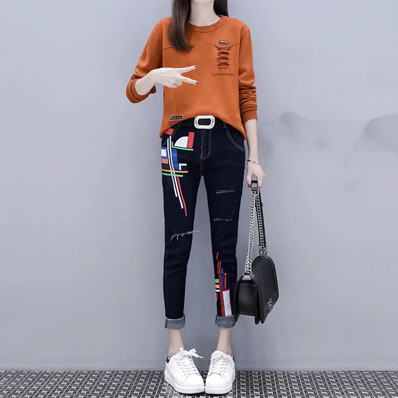 Женский костюм большого размера свитер с длинными рукавами из двух частей