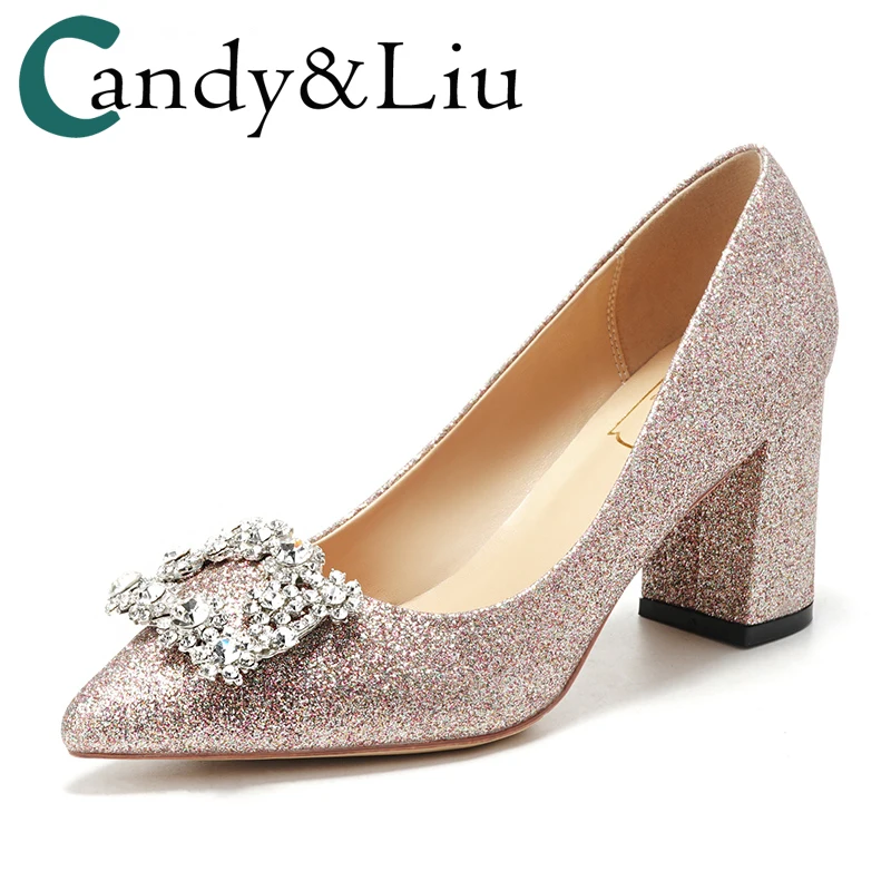 

Wedding Shoes Female Pink Buttons Sequins Bling High-heeled Pointed Toe Bridesmaids Chunky Square Heels Conformtable Walking
