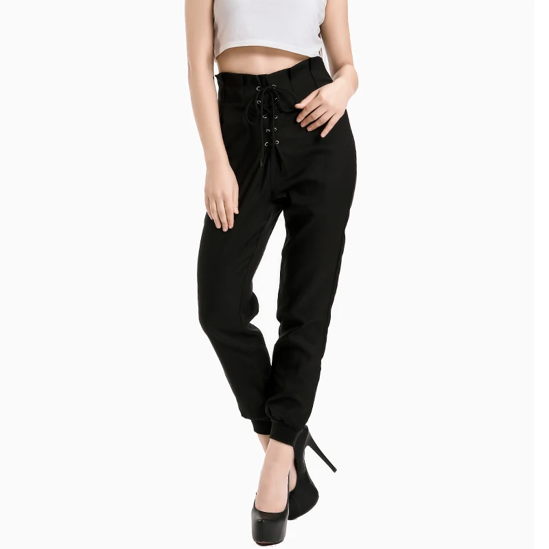 Женские сексуальные брюки узкие на шнуровке с высокой талией модные однотонные
