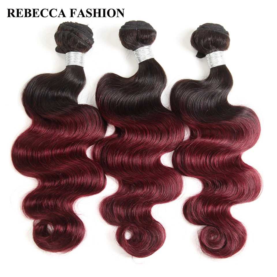 Rebecca Peruvian Body Wave 10 To 30 Inch Bundles Ombre Hair 3 Bundles Deals 1b/99j Red Color Remy Human Hair Extensions