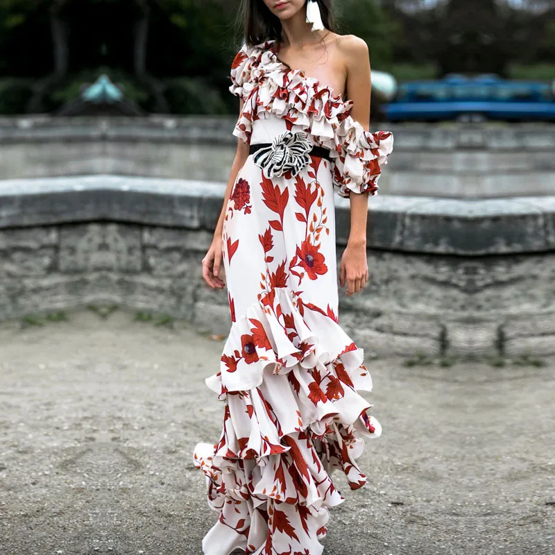 

HIGH STREET 2022 New Stylish Designer Dress Women's Slash Neck Charming Floral Print Ruffle Long Dress