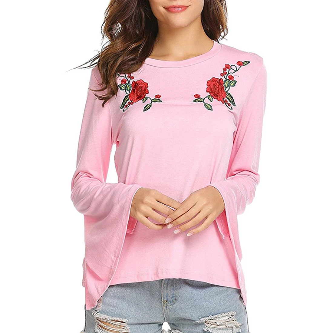 Для женщин с расклешенными рукавами футболка Вышивка модная черная Демисезонный