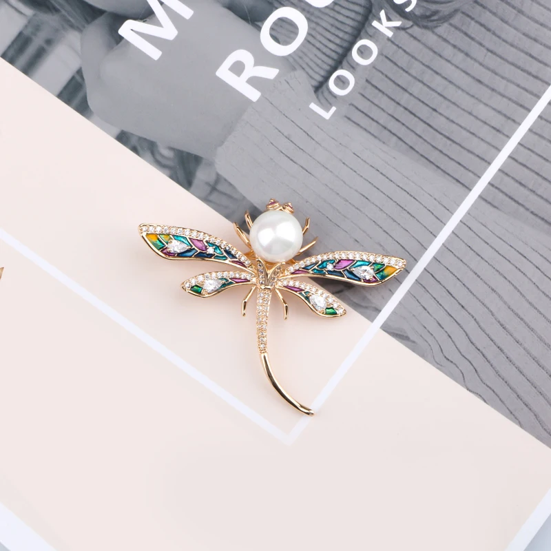 Корейская жемчужная брошь эмаль стрекоза горный хрусталь модные стилизованные