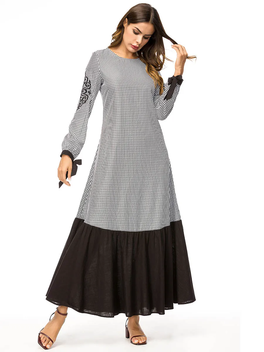 Embroidery Plaid Muslim Abaya Casual Ankle Length Dubai Long Dress Patch Design Maxi Arabic Robe 7365 | Тематическая одежда и