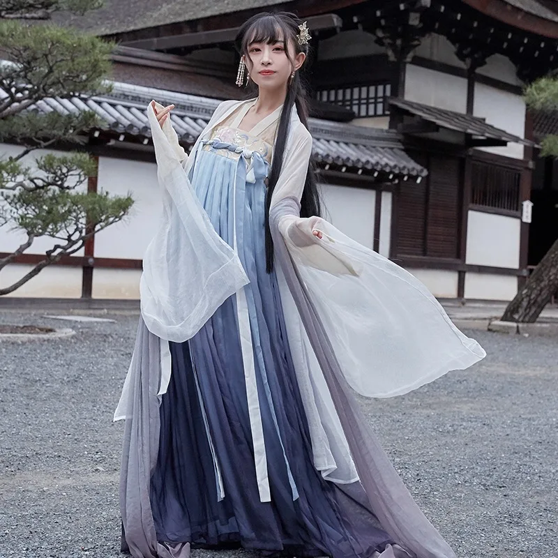 Hanfu женское платье феи белый синий градиент фантазия Feminina Древний китайский