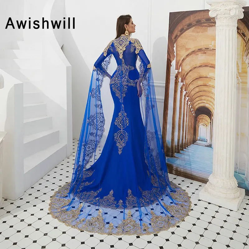 

Modest Muslim Evening Dresses 2020 Mermaid Beaded Gold Lace Dubai Long Sleeve Formal Evening Gown With Cape Vestido Longo