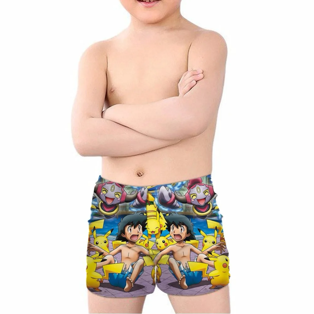 THIKIN Amine Cute Cartoon Pokemon Pikachu Print Kids Boys' Swimming Trunks Summer Beachwear Children Swimsuits Elastic
