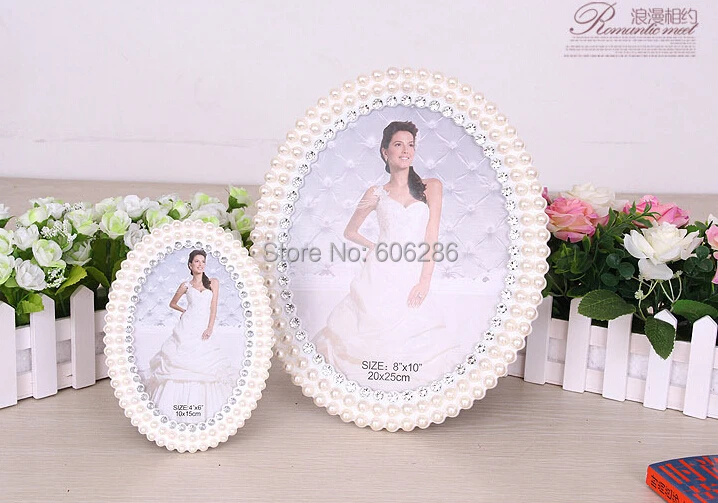 6 inch oval shape fashion pearl diamond white metal photo frame For Wedding Decorations Favors Дом и сад