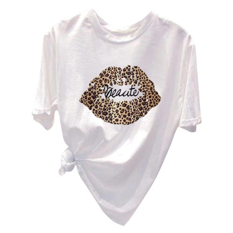 Женские футболки из хлопка с леопардовым принтом губ Корейская Свободная белая