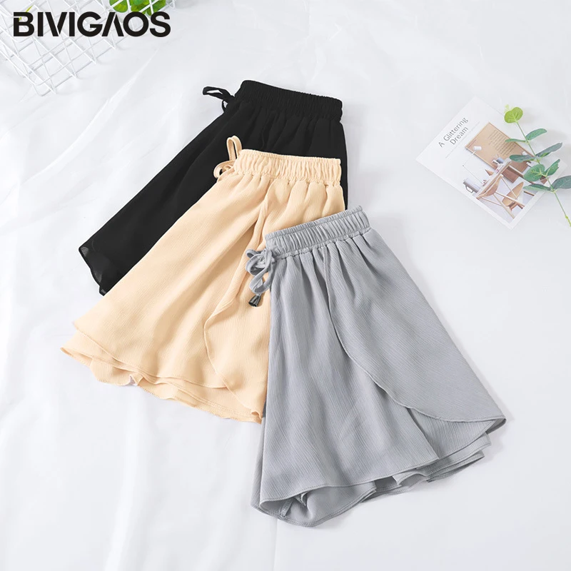 

BIVIGAOS Summer New Women Fairy Shorts Skirts Small Fresh Ruffles Chiffon Wide Leg Short Drawstring Casual Loose Shorts Women