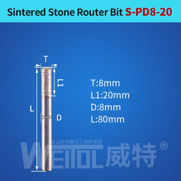 S-PD8-20 Weitol 1 шт. 6 мм/8 мм хвостовик спеченный камень фрезы шариковый нос плоская головка алмазные ЧПУ Инструменты для резьбы по граниту мрамору - Длина режущей кромки: S-PD8-20