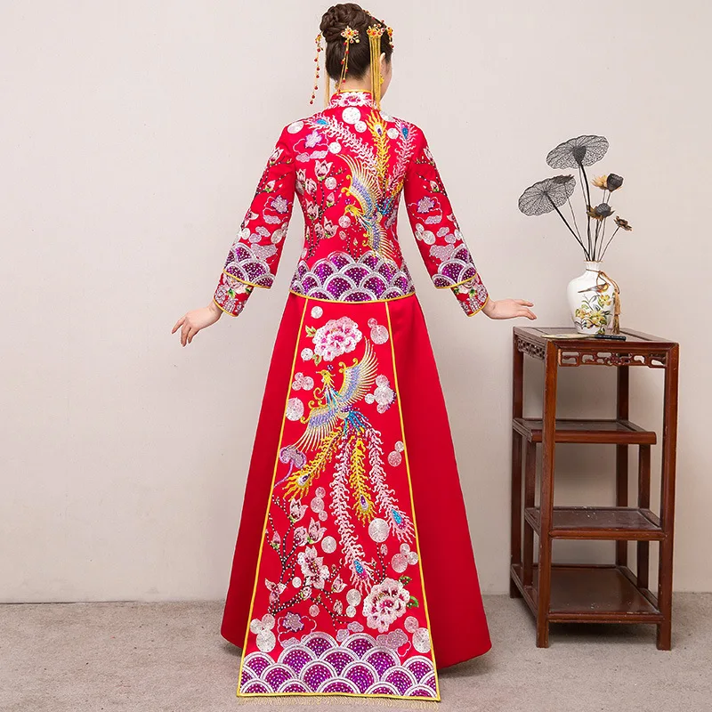 

Red bride cheongsam Vintage chinese style wedding evening dress clothing Embroidery Phoenix Qipao costume Vestidos Size S-XXL