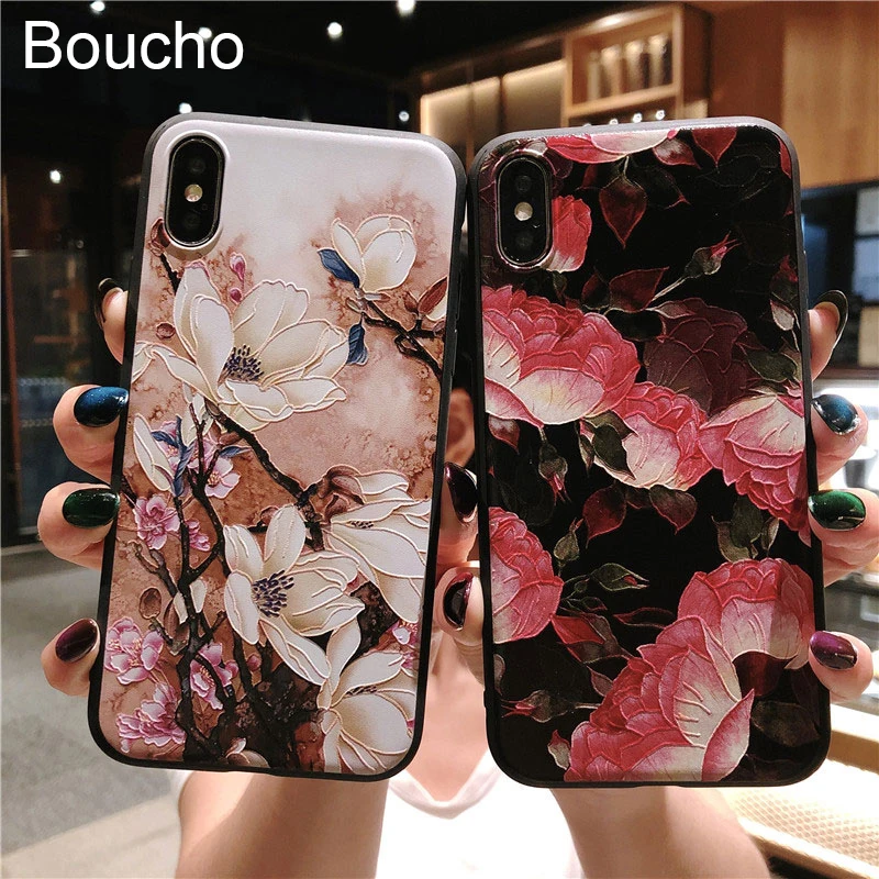 Boucho Flower Case For iPhone 7 Plus XS Max XR 3D Relief Rose Floral Phone X 8 6 6S 5 SE 5S TPU Cover | Мобильные телефоны и