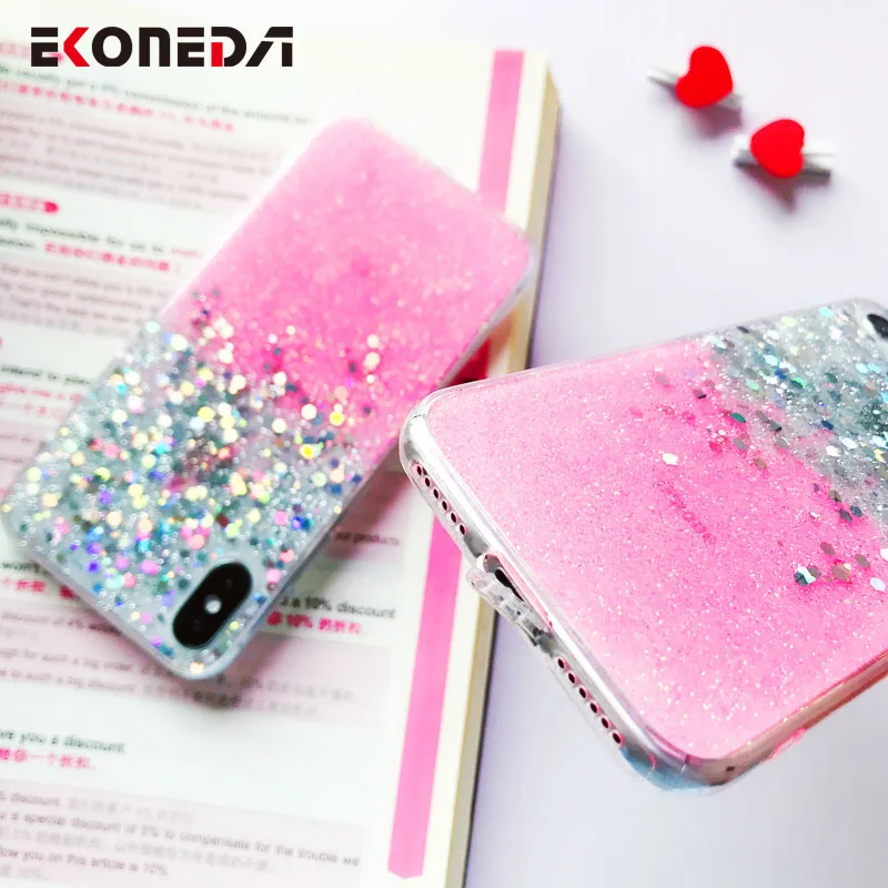 EKONEDA Bling Sequins Ingradient Glitter Case For iPhone XR XS Max X Silicone Soft Girl Cover 6S 7 8 Plus |