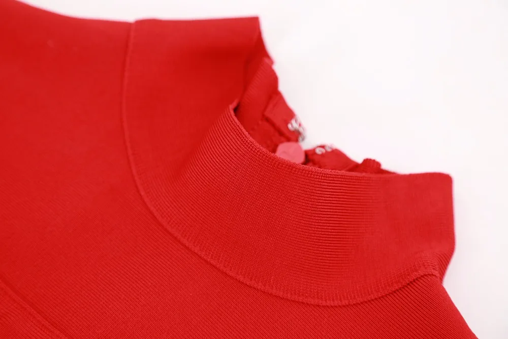 

2018 Turtleneck Long Sleeve Blue Red Hollow Out women summer Bandage vestidos Celebrity party Designer Elegant dress