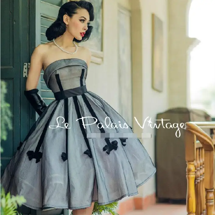 

Vintage Elegance 1950 Classic Bow Bandeau Ball Gown Dress Silver Grey Fashion Temperament Hepburn Style