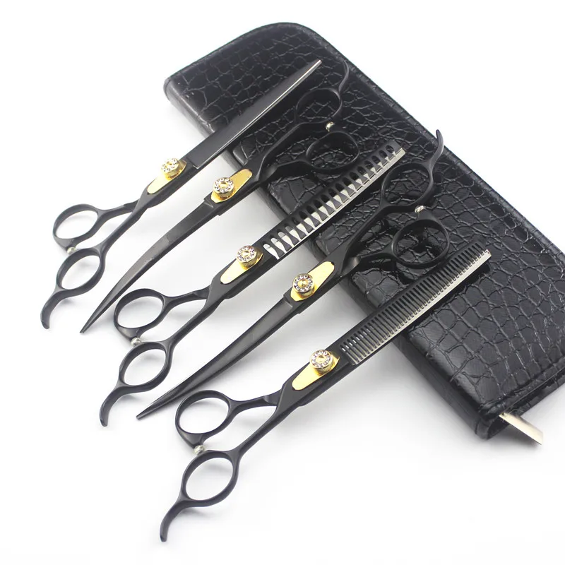 6 kit Professional Japan 440c 7 '' black pet dog grooming hair scissors set cutting shears thinning barber hairdressing scissors